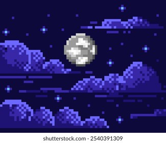 Noite pixel céu com lua. Nuvens com estrelas, coleção de logotipo de elementos do céu. sprite de 8 bits. Desenvolvimento de jogos, aplicativo móvel. Ilustração isolada de vetor.