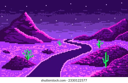 Desierto de neón pixelado nocturno con un sinuoso fondo vial. Valle de 8 bits de sinthwave caliente con cielo estrellado con carretera morada y colinas vectores de cactus verde espinoso.