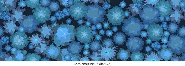 Night plant landscape top view. Wild forest trees and bushes. Dark twilight garden. Seamless pattern Illustration in flat design. Vector.