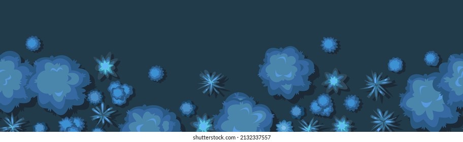 Night plant landscape top view. Wild forest trees and bushes. Horizontal border. Dark twilight garden. Seamless Illustration in flat design. Vector.