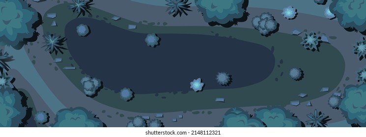 Night Plant Landscape Top View. Wild Forest Trees And Bushes. Dark Twilight Garden. Illustration In Flat Design. Vector.