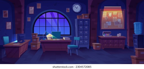 Night police office station interior room. Dark inside bureau cartoon background with lamp and computer light ray. Law security agency cabinet with window for investigator workplace with table