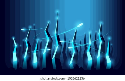 Night polygonal city of the future. Conceptual abstract illustration with skyscrapers in blue neon light.