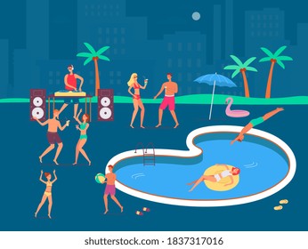 Night pool party background with cartoon people characters dancing and swimming, flat vector illustration. Summer party fun at swimming pool backdrop.