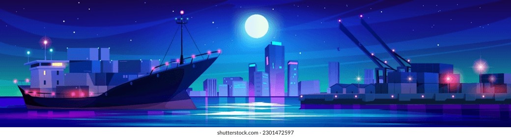 Puerto nocturno con contenedor de carga e ilustración del vector del buque. Transporte logístico y marítimo del puerto y luz de grúa bajo las estrellas en el cielo. Borde de la caricatura de la terminal oceánica y el depósito de carga