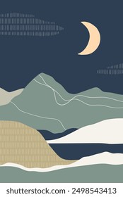 Night poster with moon and mountains. Abstract nature landscape, crescent in sky. Calm scenery, interior wall art, card, vertical background in minimalist style. Modern flat vector illustration