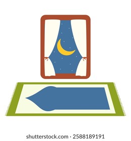 Night Prayer Scene with Prayer Mat and Moonlight. Tahajjud Prayer Illustration with Window View