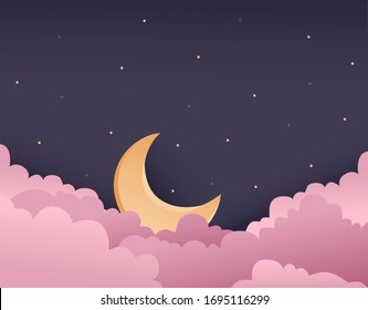 night purple sky with pink clouds and gold moon