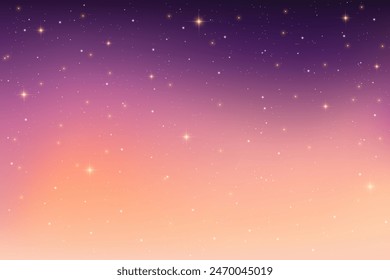 Night purple sky with stars. Dark space with light of sparkles. Aurora fantasy background. Vector galaxy wallpaper with magic sunset.