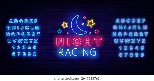 Night racing neon advertising. Evening car tournament. Moon and stars. Editable stroke. Vector stock illustration