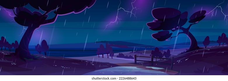 Lluvia nocturna en el paisaje de dibujos animados del campo, tormenta con rayos en el cielo oscuro, caminos de tierra, árboles con arbustos y vistas al mar. Fondo lluvioso, escena natural de tormenta, ilustración vectorial