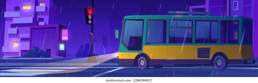 Night rain on street view city bus stop on red traffic light vector illustration. Urban public transport ride on route design scene background. Cartoon cityscape exterior architecture near sidewalk.