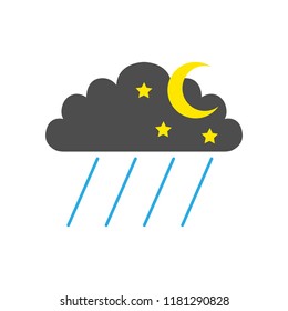 NIGHT RAINFALL symbol. CLOUD, HALF MOON, STARS and RAIN. Weather forecast icon. Vector.