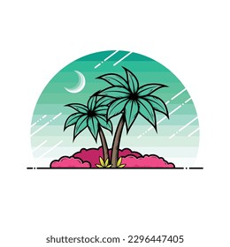 Night rainforest cartoon clipart with palm trees.