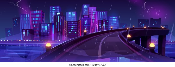 Night rainy city skyline view from bridge, road with glow street lamps, railings and metropolis cityscape with neon glowing skyscraper buildings, urban architecture. Cartoon vector illustration