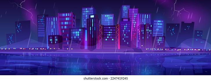 Night rainy city skyline view on lake shore or bank, glow street lamps, metropolis cityscape with neon glowing skyscraper buildings, urban seaside architecture in rstorm. Cartoon vector illustration