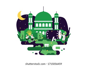 Night Ramadan Mosque Illustration People Kid Stock Vector (Royalty Free ...