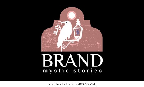 Night raven and lantern vector illustration. Publishing house brand identity. Vintage criminal stories emblem