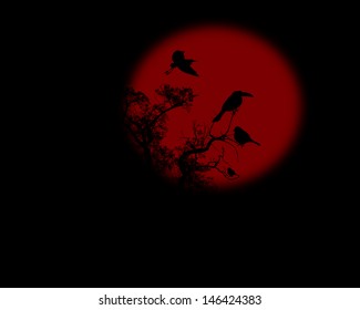 Night raven on a tree with red full moon, vector illustration
