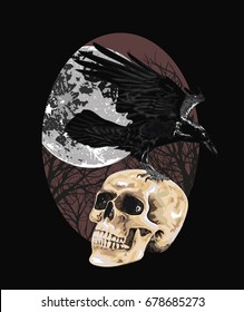 Night Raven  -  Skull and Raven - Gothic art  