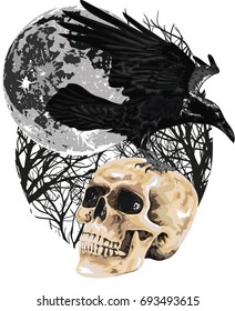Night Raven  -  Skull and Raven - Gothic art