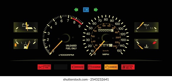 Velocímetro coupé deportivo japonés de los años 80 realista nocturno en motor de inyección de combustible de caja de cambios manual Especificaciones estadounidenses con medidor de presión de voltaje y aceite incluido y ajuste el Vector de advertencia de advertencia del cinturón de seguridad.