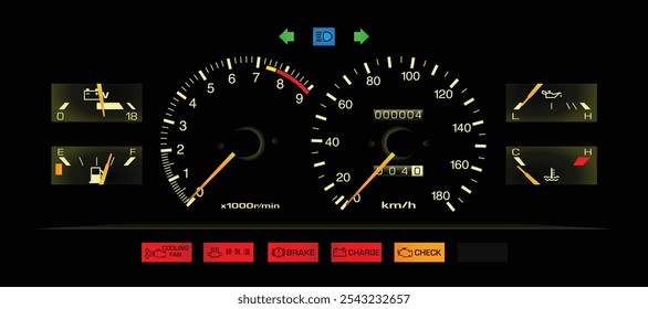 Velocímetro deportivo japonés de los años 80 realista nocturno en motor de inyección de combustible de caja de cambios manual Especificaciones japonesas con manómetro de presión de voltios y aceite y luz de advertencia incluida Vector de ilustración.