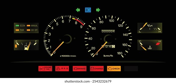 Night realistic 80s Japanese sport coupe speedometer in automatic gearbox fuel injected engine Japanese specs with volt and oil pressure gauge included and drive mode indicator illustration vector.