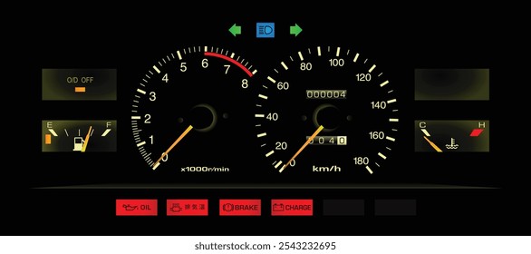 Noite realista 80s japonês esporte cupê velocímetro em hidráulica automática caixa de engrenagens carburador motor japonês specs e avisos luz e overdrive off indicador luz ilustração vetor.