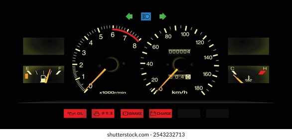 Noite realista 80s japonês esporte cupê velocímetro em manual motor carburador caixa de velocidades Especificações japonesas e avisos luz ilustração vetor