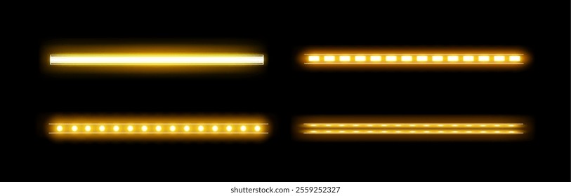 Night realistic electric stripe lamps for home interior, casino or bar. Vector isolated set of LED neon strips for walls or furniture. Halogen or fluorescent illumination, horizontal tapes