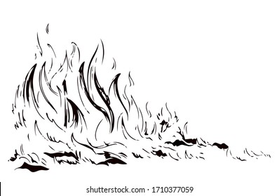 Night Red Forestry Wood Warm Ignite Wild Grass Glow Flare Ash View. Red Sky Text Space. Line Black Hand Drawn Wildfire Smoke Risk Dry Climate Hazard Life Icon Logo Sign Concept Design Art Sketch Style