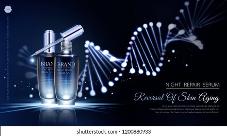 Night repair serum ads with neon helix background in 3d illustration