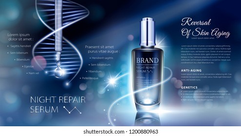 Night repair serum ads with neon helix background in 3d illustration, bokeh glowing background Night repair serum ads with neon helix background in 3d illustration, bokeh glowing background