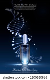 Night repair serum ads with neon helix background in 3d illustration