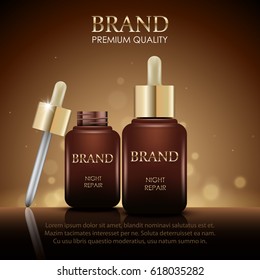 Night Repair Serum Package Design, Open And Closed Bottle, Realistic Vector On Abstract Background