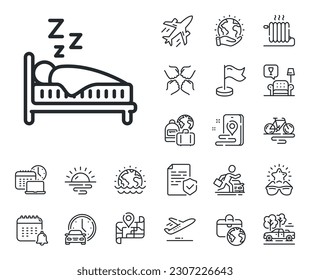 Night rest bed sign. Plane jet, travel map and baggage claim outline icons. Sleep line icon. Human bedtime symbol. Sleep line sign. Car rental, taxi transport icon. Place location. Vector