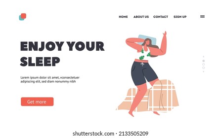 Night Rest and Bedding Time Concept Landing Page Template. Woman in Pajama Enjoy Sleep on Bed Lying on Back with Hand under Head. Girl Sleeping in Relaxed Posture. Cartoon People Vector Illustration