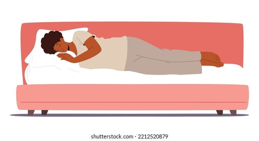 Night Rest And Bedding Time Concept. Black Woman In Pajama Sleep On Bed With Pillow Side View. Girl Sleeping In Relaxed Posture At Home Isolated On White Background. Cartoon People Vector Illustration