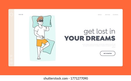 Night Rest and Bedding Time Landing Page Template. Man in Pajama and Mask Sleep on Bed Lying on Back with Hand under Pillow. Male Character Sleeping in Relaxed Pose. Linear Vector Illustration