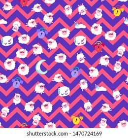 Night rest, bedtime vector seamless pattern. Wallpaper with cute sleeping animals cartoon design