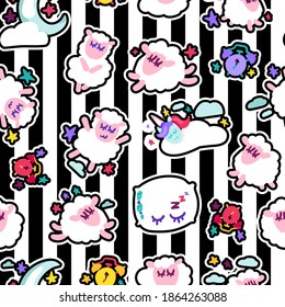 Night rest, bedtime vector seamless pattern. Wallpaper with cute sleeping animals cartoon design