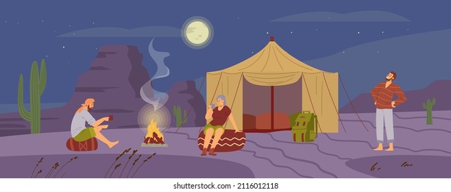 Night rest in desert camp with travelers in campsite near bonfire, flat cartoon vector illustration. Campers spending the night in Bedouin desert camp.