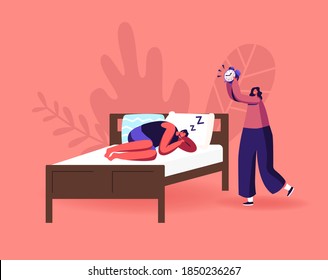 Night Rest, Dream and Bedding Time Concept. Man Wearing Pajama Sleep on Bed Ignoring Alarm Clock. Male Character Sleeping in Relaxed Posture, Woman Wake him Up. Cartoon People Vector Illustration