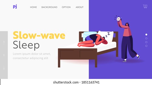 Night Rest, Dream and Bedding Time Landing Page Template. Man in Pajama Sleep on Bed Ignoring Alarm Clock. Male Character Sleeping in Relaxed Pose Woman Wake him Up. Cartoon People Vector Illustration