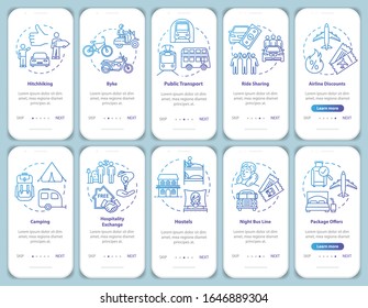 Night rest and transport onboarding mobile app page screen with concepts. Car sharing. Inexpensive travel walkthrough steps graphic instructions. UI vector template with RGB color illustrations