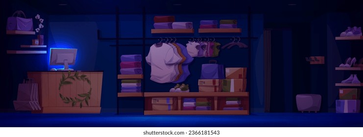 Night retail fashion store vector illustration. Cloth shop and boutique room interior with monitor, counter and hanger. Shoe showcase near hanging shirt in modern outlet business with nobody indoor