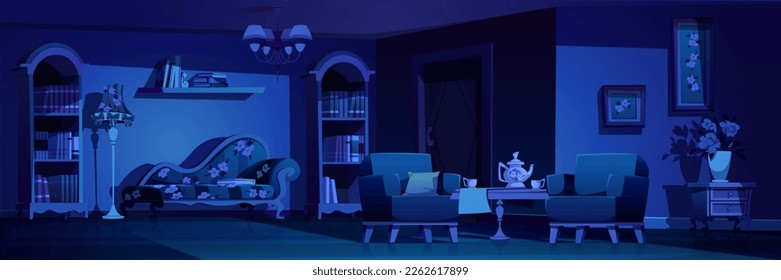 Night retro living room interior design. Vector cartoon illustration of midnight home with floral pattern sofa, armchairs near coffee table, book shelves, bunch of flowers in vase, pictures on wall