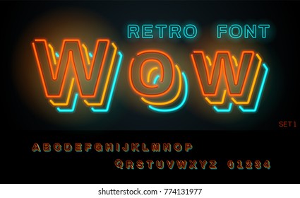 Night retro neon font. Glowing Alphabet, Vector illustration. Set 1