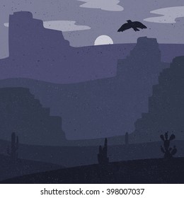 Night Retro Wild West Desert. Vintage moon in prairie with cacti and eagle in sky. Grunge old texture. Vector